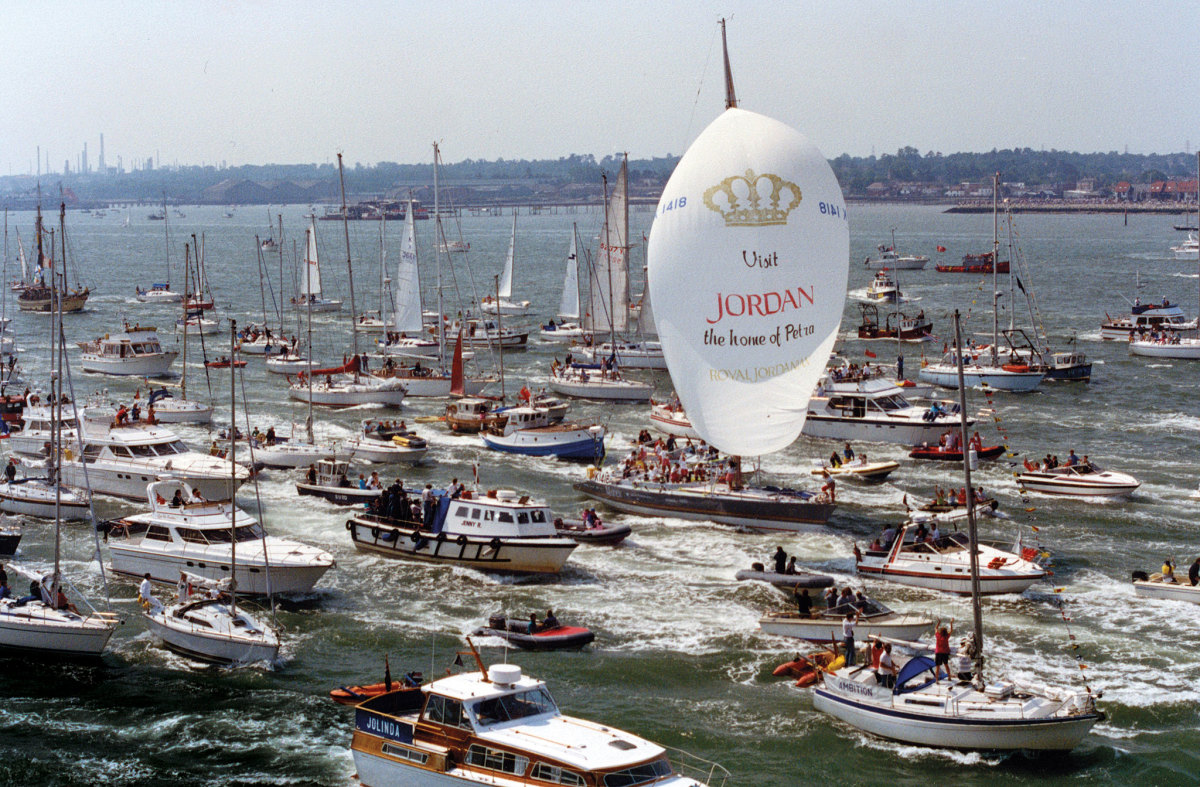 Maiden is mobbed by adoring fans at the finish of one of the legs of the 1989-90 Whitbread Race
