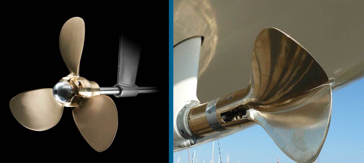 A three-bladed Flexofold model installed on a conventional shaft drive system (left); Note how streamlined this three-blade Gori model becomes when not in use (right).