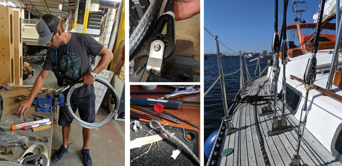 The author attaches the fittings to the shrouds (left); A closeup of one of the fitting attachments (top middle); One of the nice things about Dyneema is it’s easy to splice (bottom middle The shrouds in place and ready to roll! (right). 