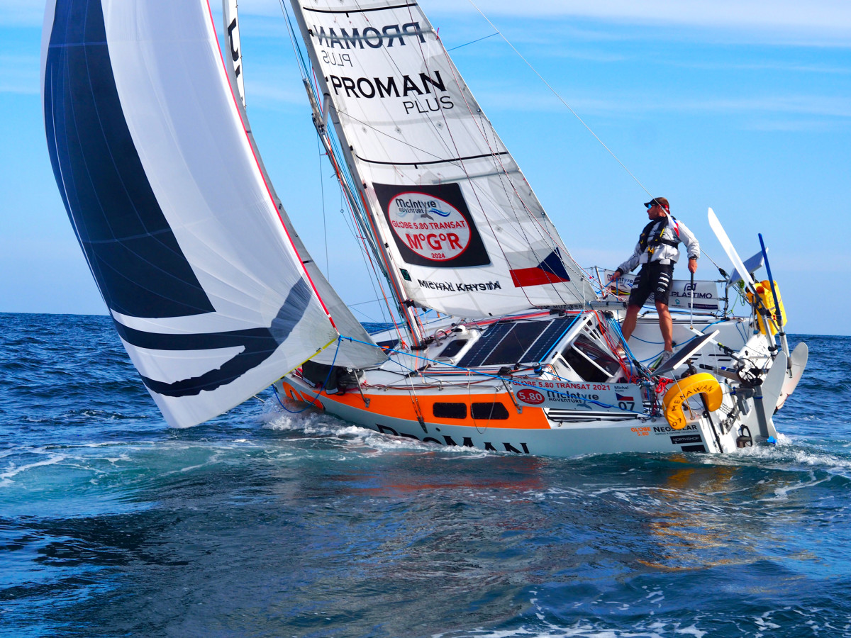 Czech sailor Michal Krysta gets in some practice aboard his Class Globe 5.80, Menawan-07, in anticipation of the race