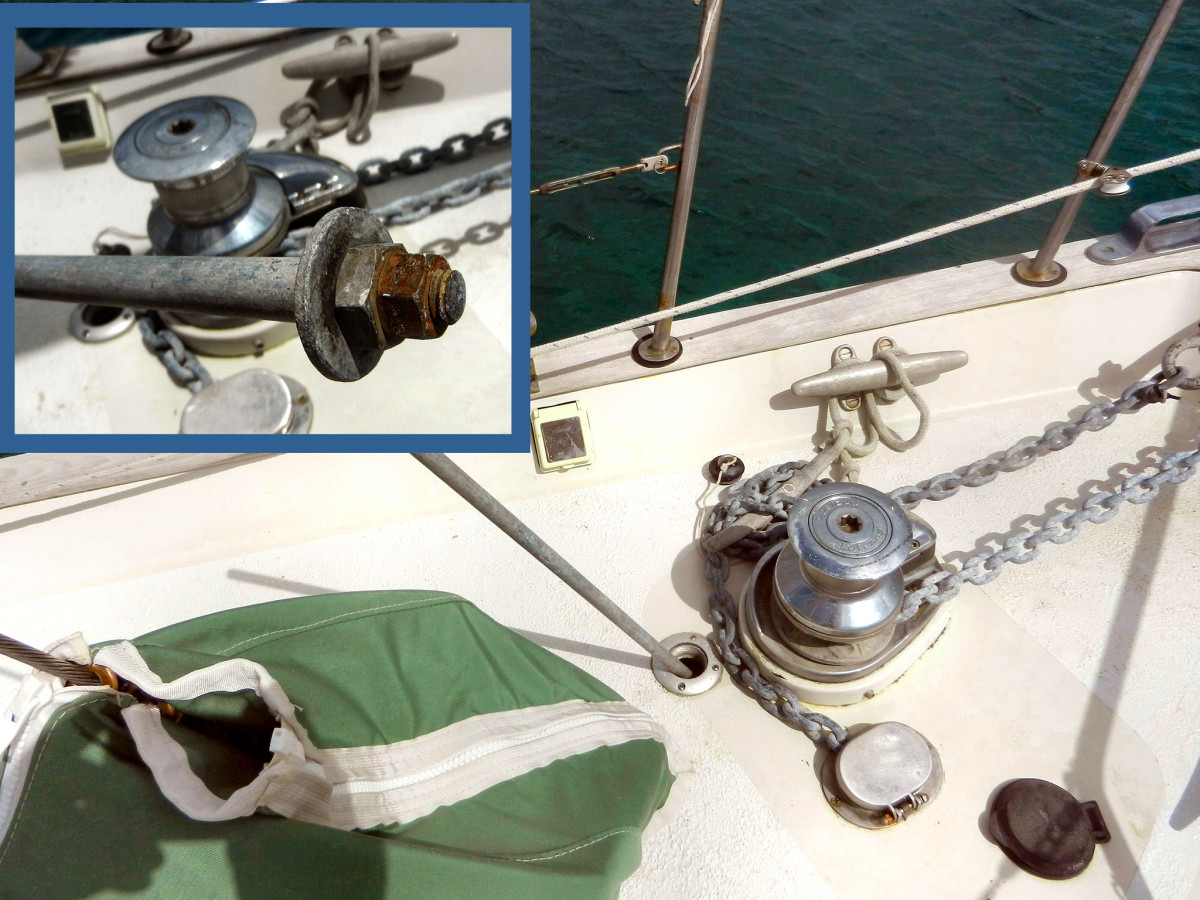 A rod is a useful tool for knocking down chain piles while weighing anchor; a washer bolted to the end provides a better grip (inset)