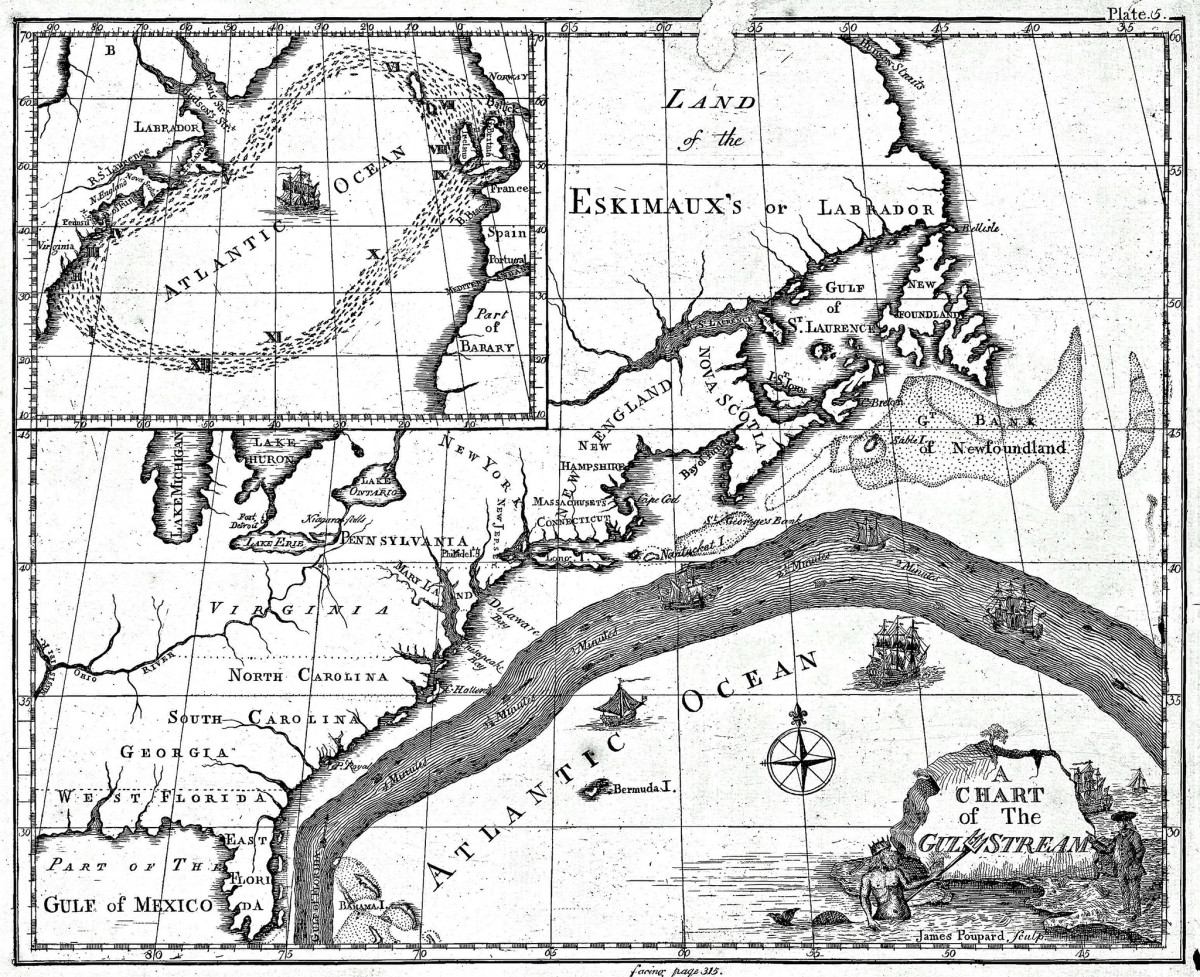 The first map of the Gulf Stream, which Benjamin Franklin helped create by tapping the combined knowledge of the whalemen and merchant captains of his day