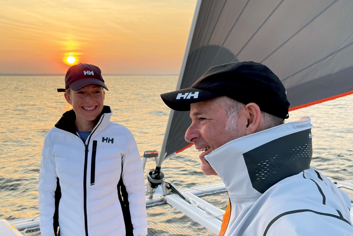 The author and one of the crew enjoy a chill but gorgeous sunset on Block Island Sound