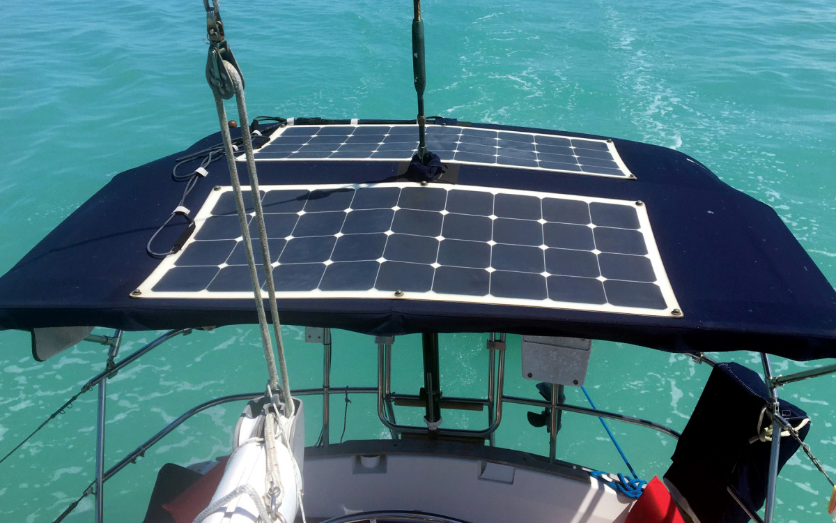 A pair of flexible solar panels helps reduce engine run times at anchor and on-passage