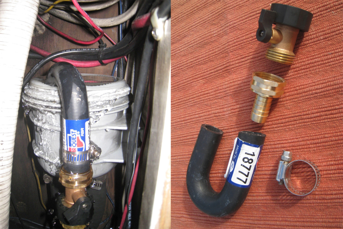 Casey’s Flush-O-Matic in action (top); the bits needed to create it (below)