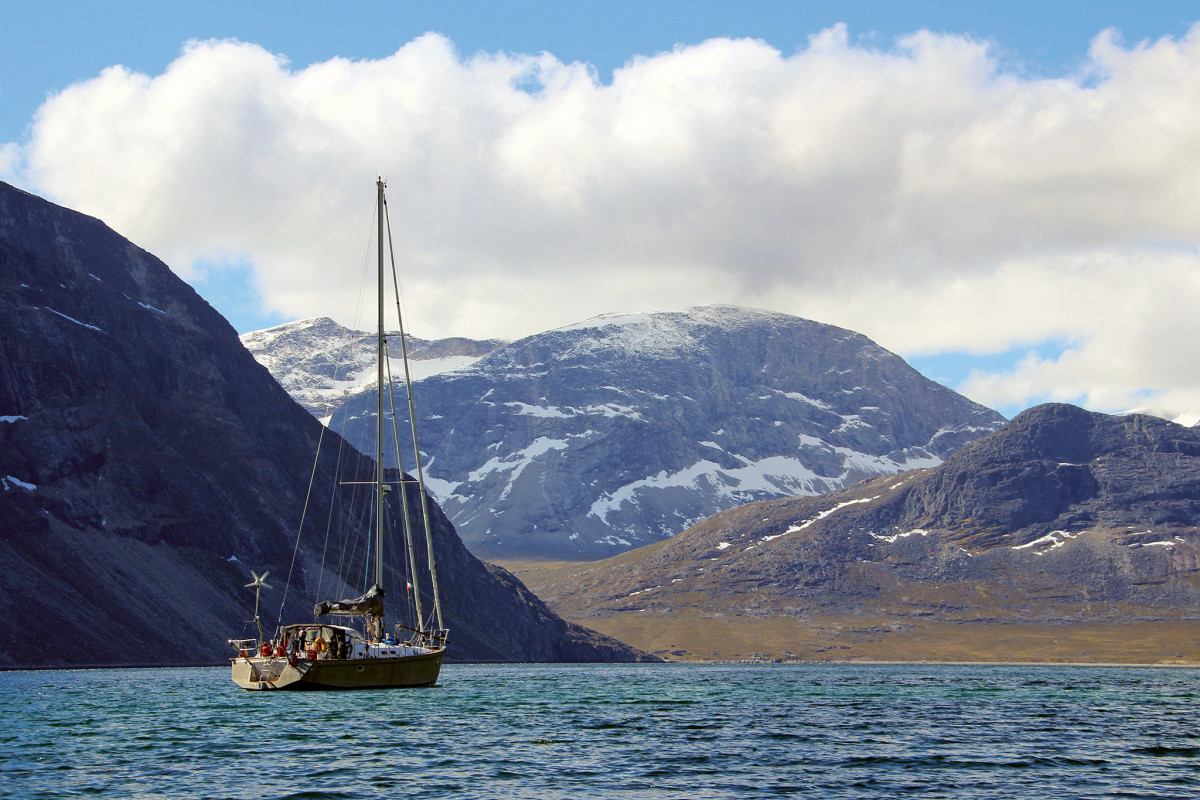 The aluminum-hulled Rosemary at anchor in Greenland following her extensive refit
