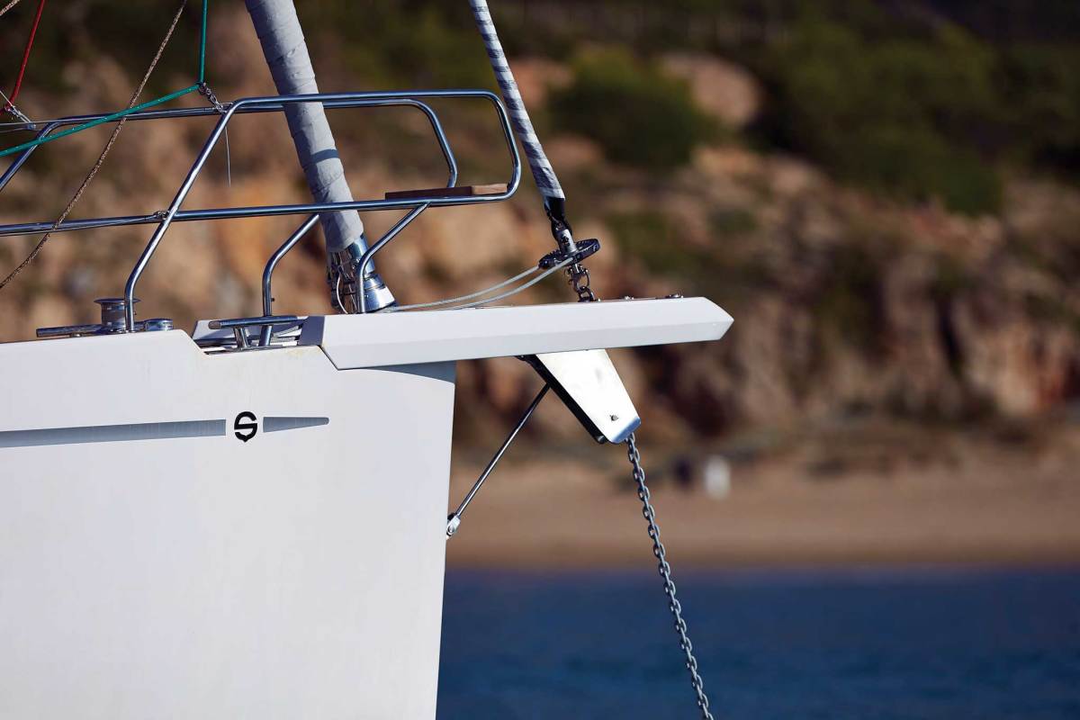 A typical sprit and anchor-roller combination: note the plumb bow