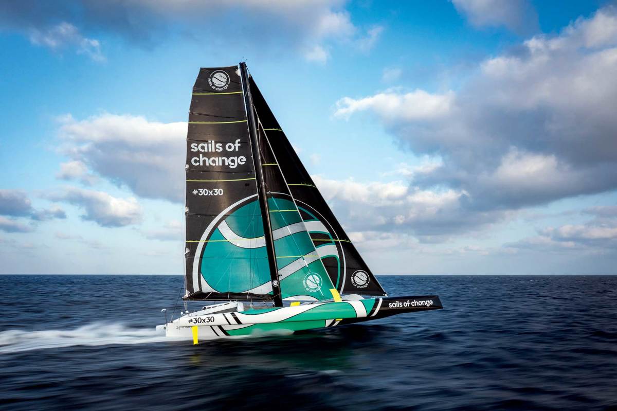 Maxi-trimaran Sails Of Change will be on standby to attempt at the Jules Verne trophy