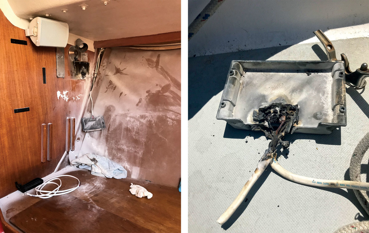 Fortunately, a short blast from the fire extinguisher served to put the fire out (left); The charging unit showed substantial damage (right)