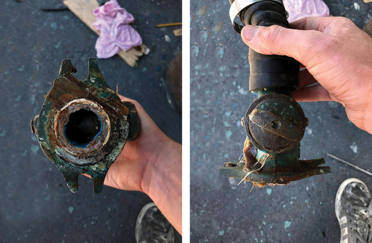 Two views of the old cockpit drain after its removal: not good!