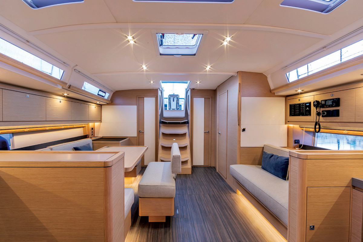 Looking aft from the galley space, there’s a wealth of living space