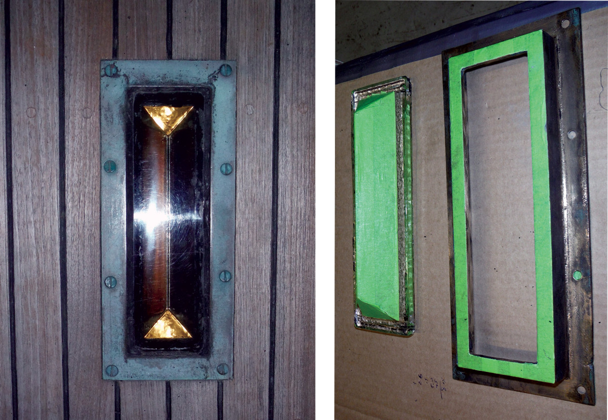 The deck prism was a source of one of the leaks (left); taped up prior to re-sealing (right,
