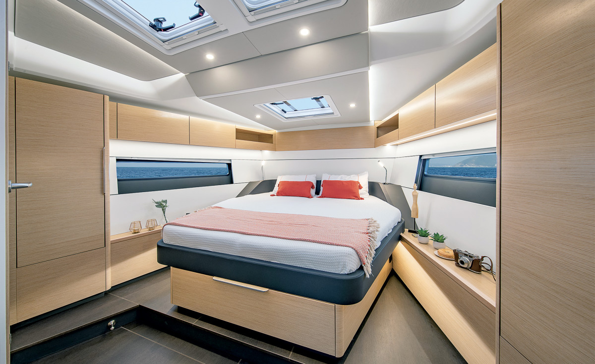 Carrying the chine all the way forward allows for a voluminous, luxurious master cabin. This cabin also can be split, making a four-cabin layout.