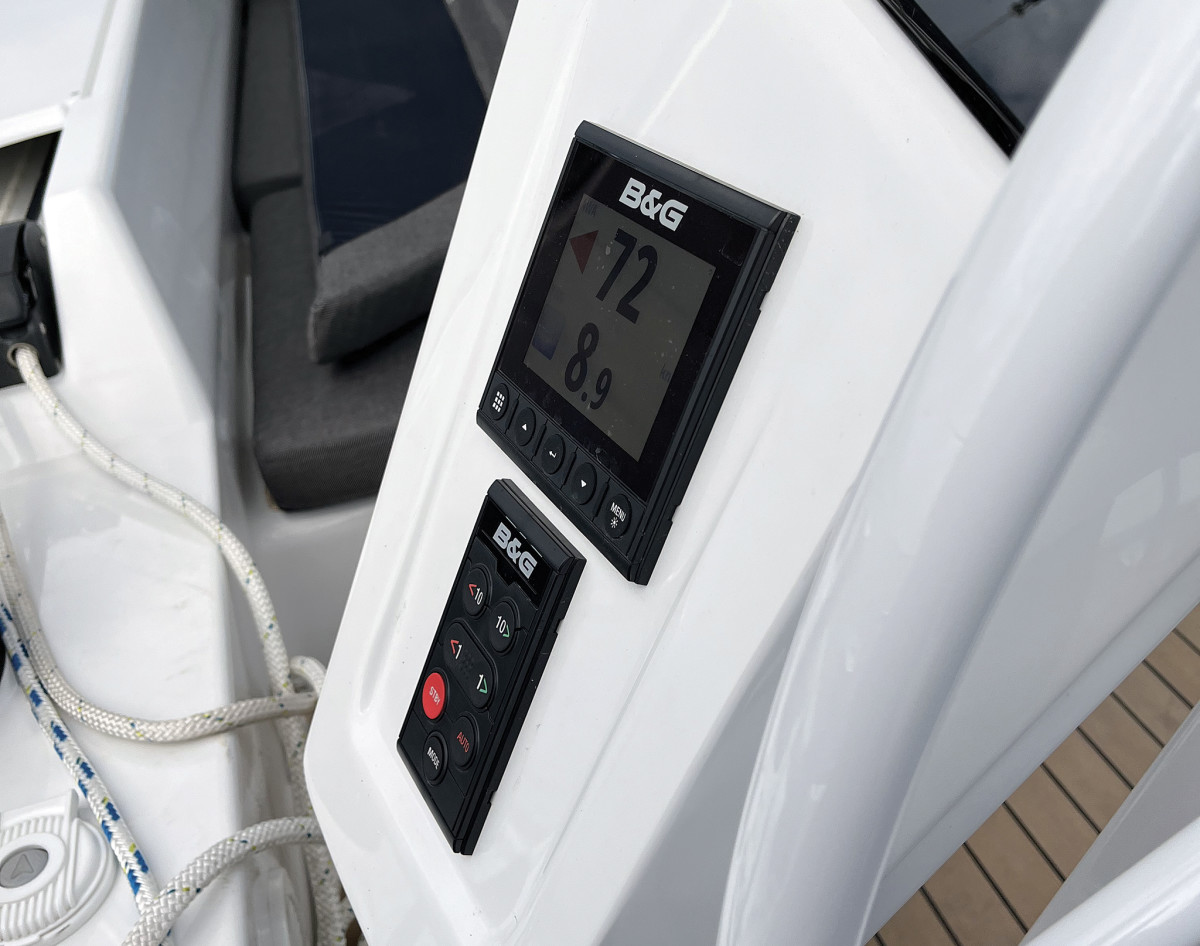 Displays on the helm’s sides provide the helmsperson all the pertinent info while steering seated outboard.