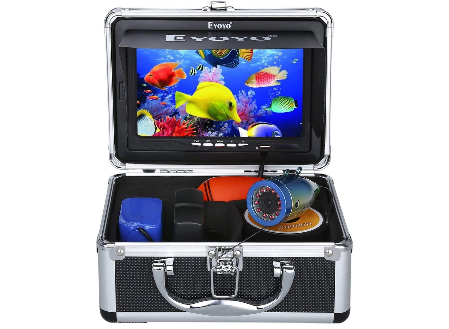 An open black and chrome box with various small devices inside and a screen on the top which features various tropical brightly colored fish all on a white background.