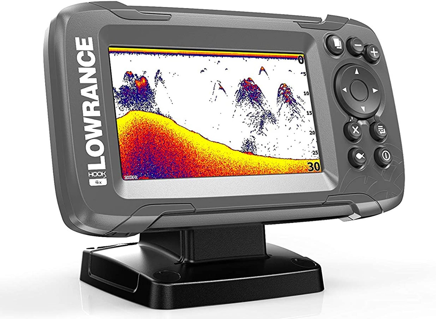 A black device with a stand and a display with white, orange, red, yellow, and purple coloring that creates the appearance of a slope all on a white background.