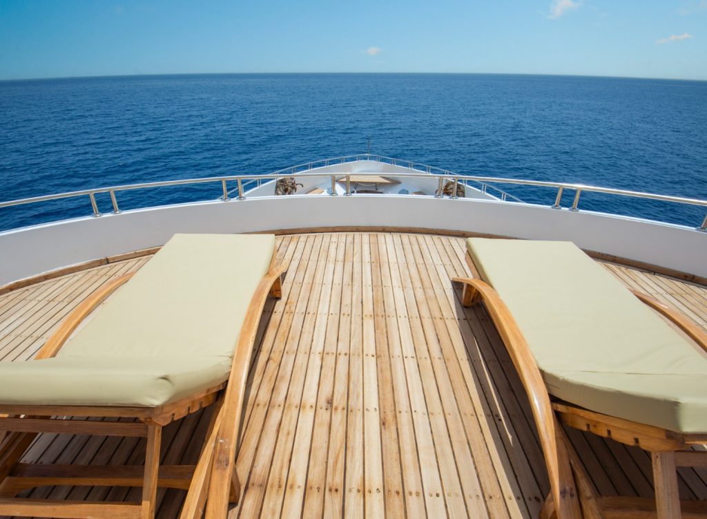 Lounge chairs on a wooden boat deck